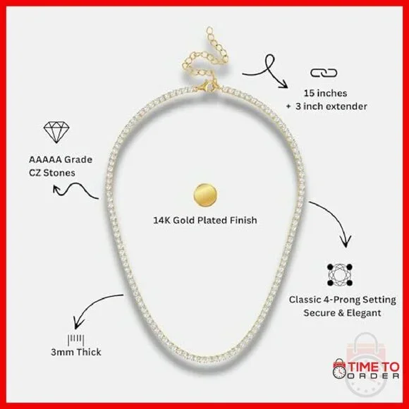 14K Gold Plated Tennis Necklace 3mm CZ Adjustable 15-18